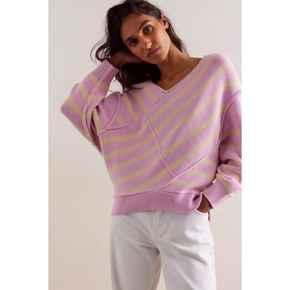 We The Free Pink & Cream Striped V-Neck Sweater